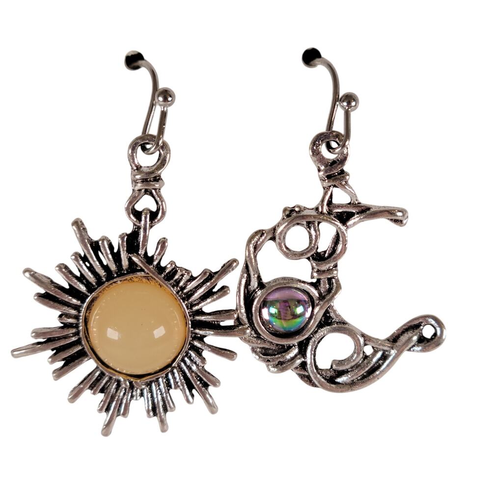 Celestial Sun Moon Asymmetrical Dangle Earrings Silver Tone Iridescent NWT